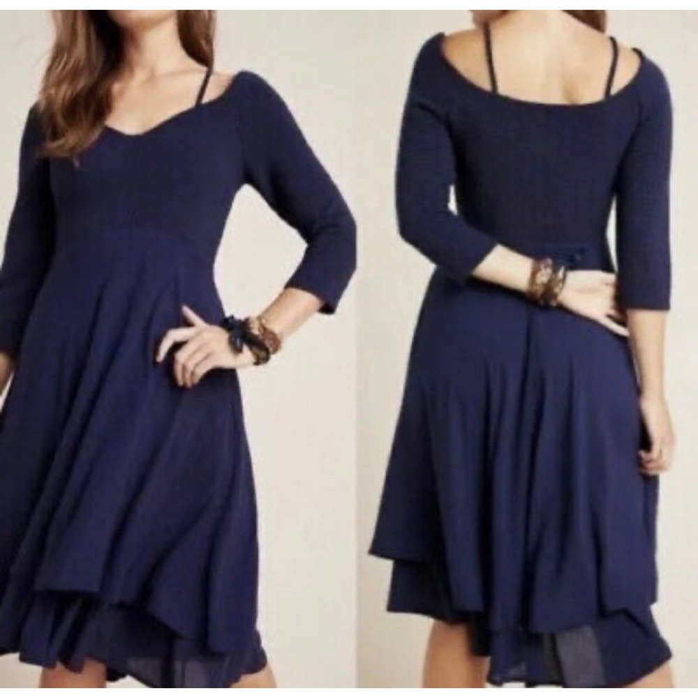 Maeve Anthropologie Orsay Knit Navy Blue High Low Ribbed Flare Dress Small